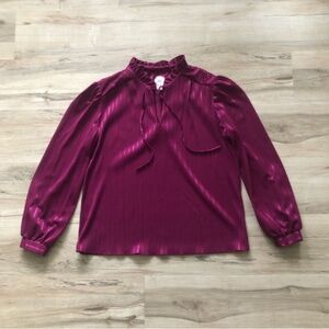 Women's Magenta Satin Long-Sleeve Tie-Neck Blouse